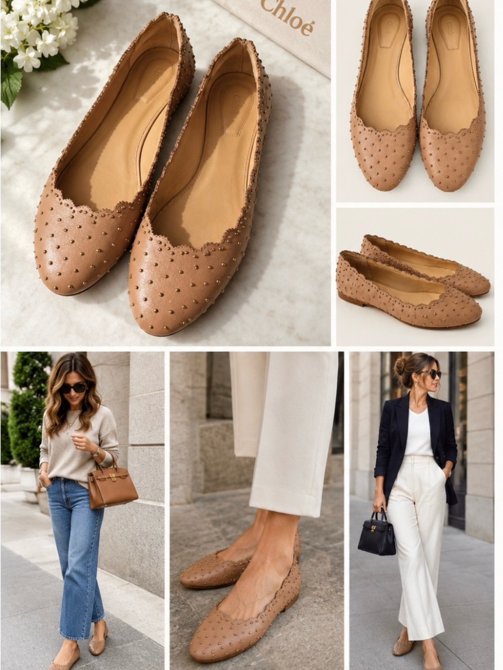 Chloé Scalloped Studded Leather Ballet Flats Nude Tan Size 39
